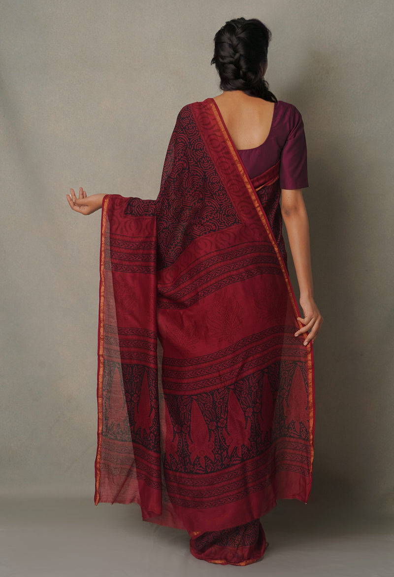 Black-Rosewood Pure Chanderi Bagh Printed Cotton Saree-UNM65380