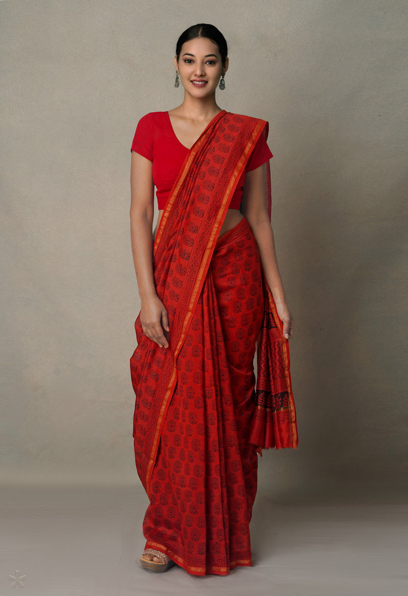 Rosewood Pure Chanderi Bagh Printed Cotton Saree-UNM65381