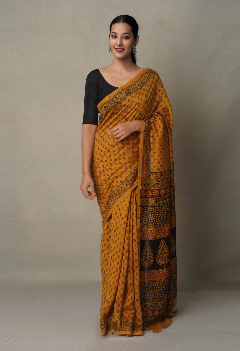 Bronze Pure Chanderi Bagh Printed Cotton Saree-UNM65383