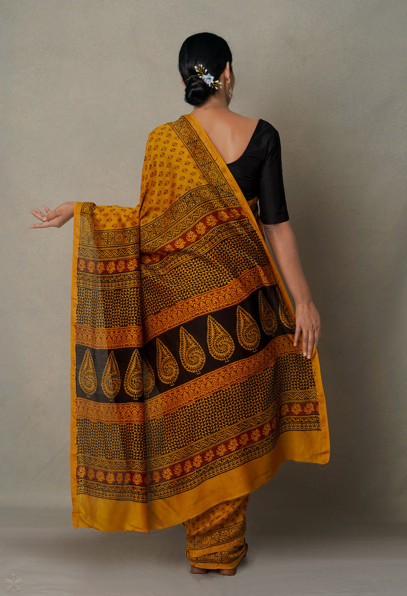 Bronze Pure Chanderi Bagh Printed Cotton Saree-UNM65383