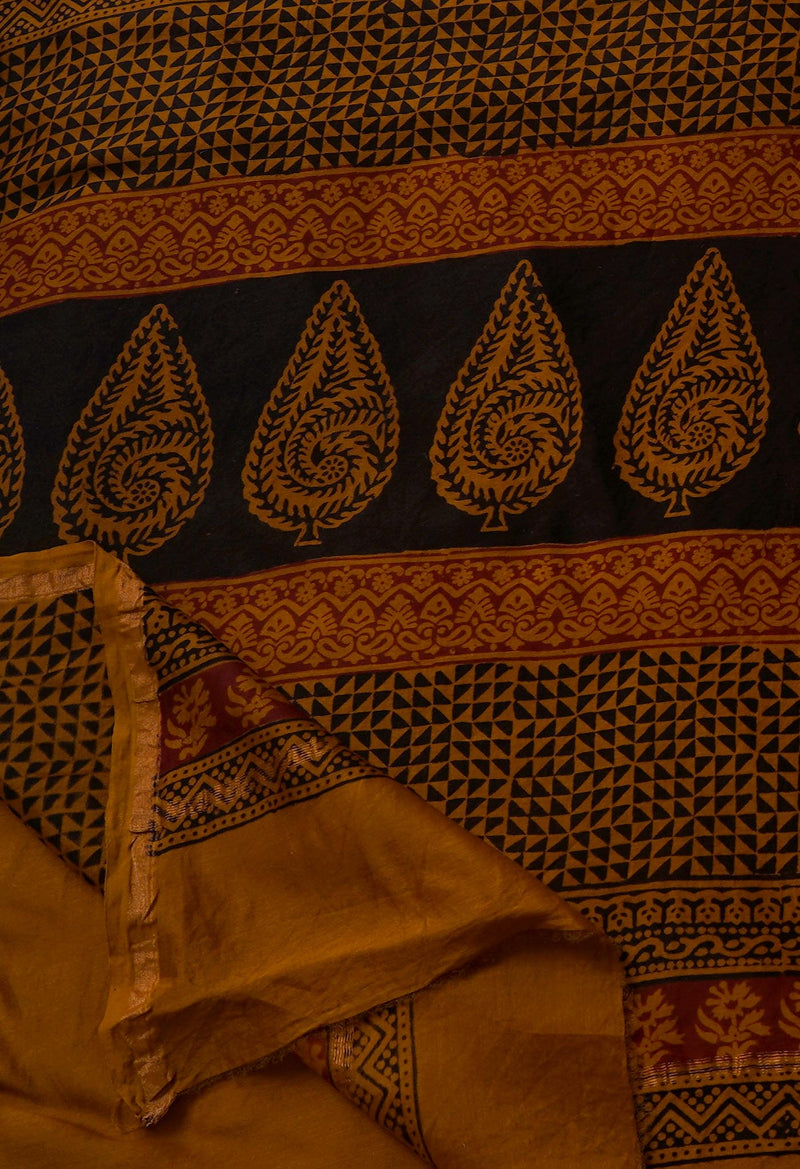 Sepia Pure Chanderi Bagh Printed Cotton Saree-UNM65384