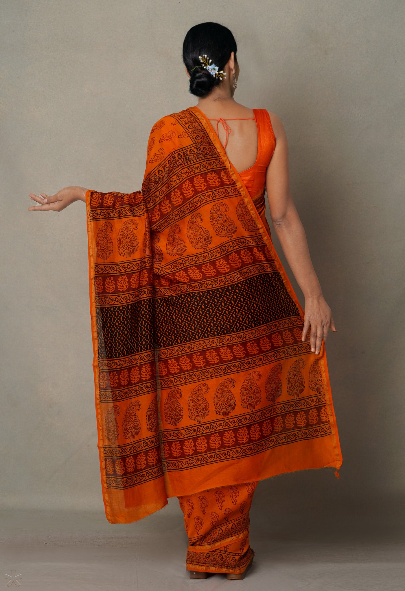 Rust Orange Pure Chanderi Bagh Printed Cotton Saree-UNM65390