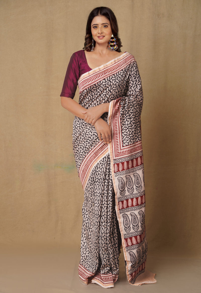 BlackBeige Pure Chanderi Bagh Printed Cotton Saree-UNM65396