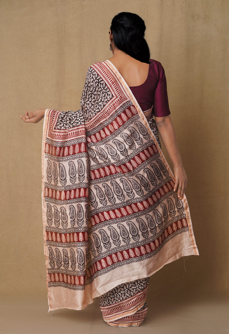 BlackBeige Pure Chanderi Bagh Printed Cotton Saree-UNM65396
