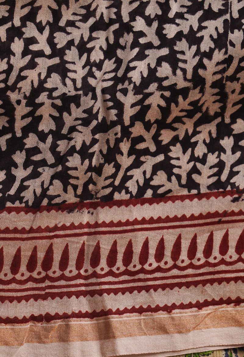 BlackBeige Pure Chanderi Bagh Printed Cotton Saree-UNM65396