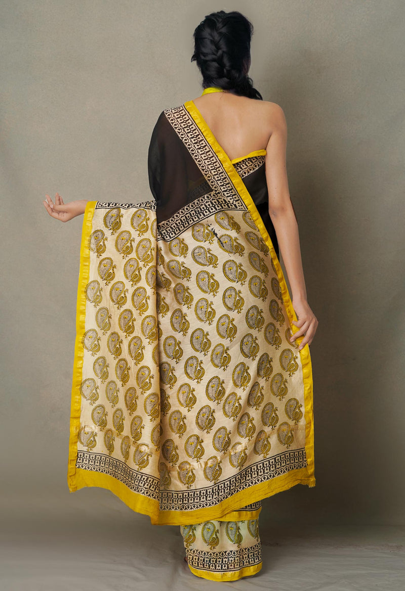 Black-Beige Pure Preet Bagru Chanderi Sico Saree-UNM65400