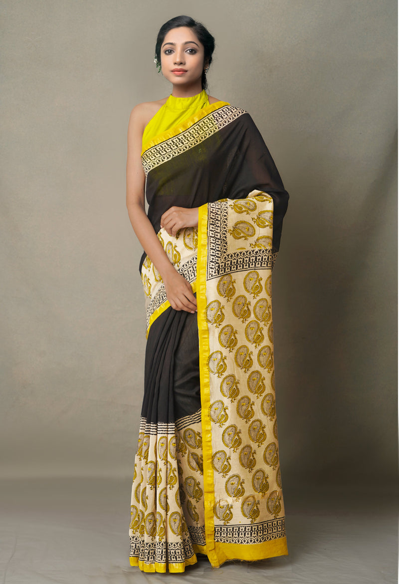 Black-Beige Pure Preet Bagru Chanderi Sico Saree-UNM65400