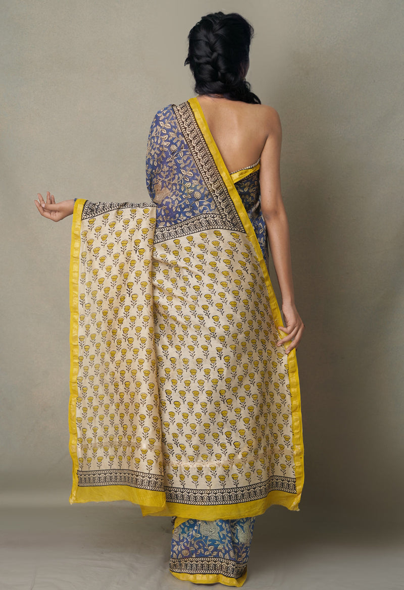 Navy Blue Pure Preet Bagru Chanderi Sico Saree-UNM65403