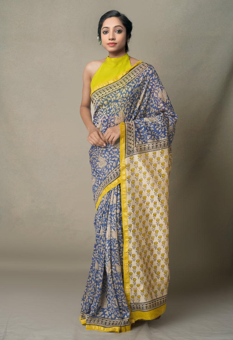 Navy Blue Pure Preet Bagru Chanderi Sico Saree-UNM65403