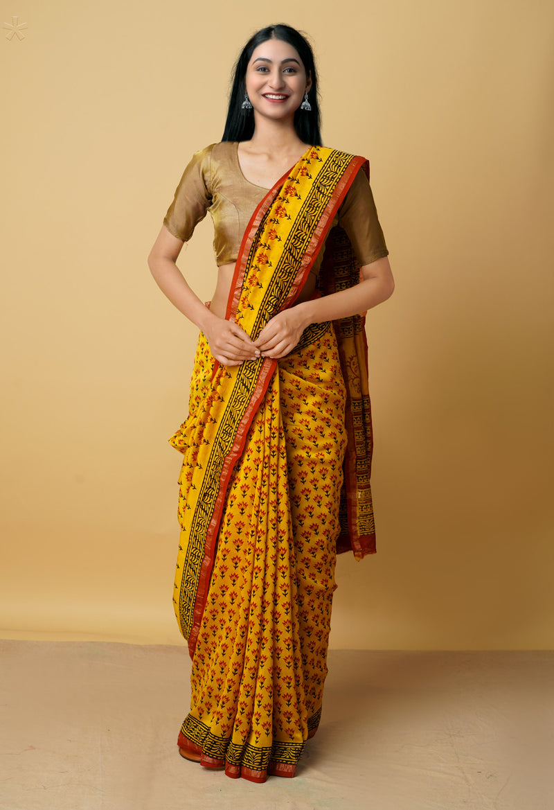 Yellow Pure Preet Bagru Chanderi Sico Saree-UNM65406