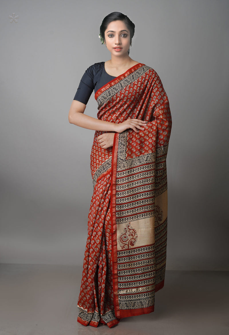Red Pure Preet Bagru Chanderi Sico Saree-UNM65408