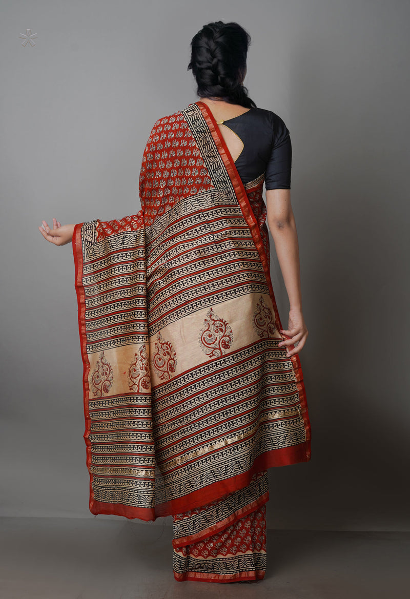 Red Pure Preet Bagru Chanderi Sico Saree-UNM65408