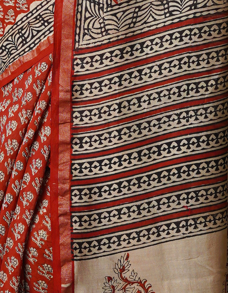 Red Pure Preet Bagru Chanderi Sico Saree-UNM65408