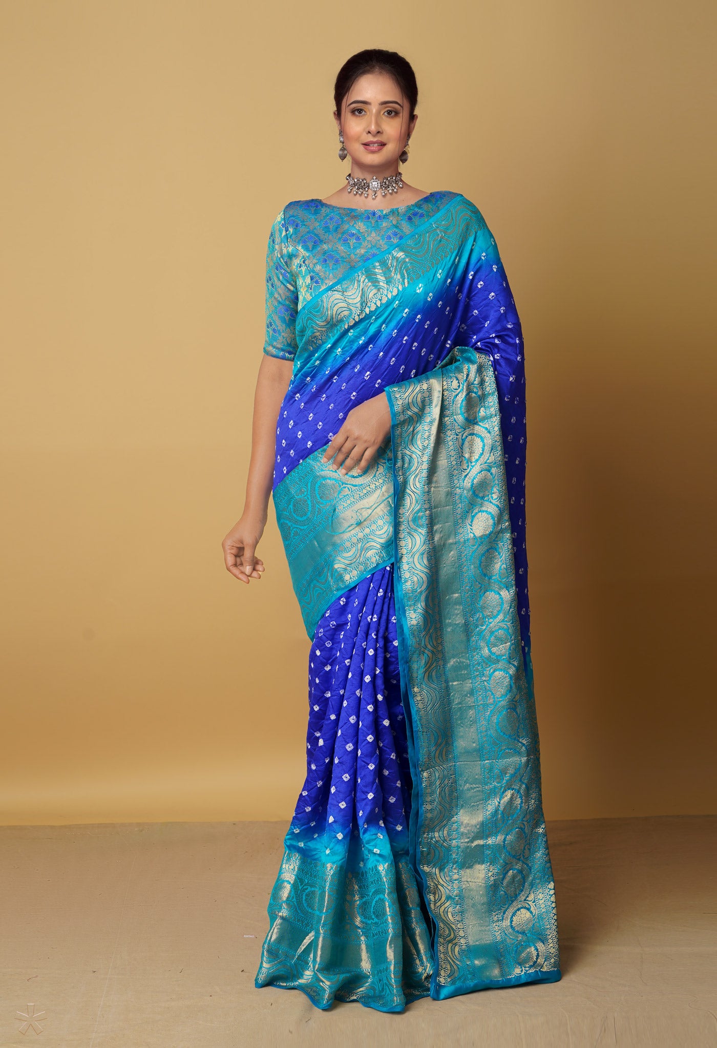 Navy Blue Pure Bandhini Kanjivaram Silk Saree-UNM65455