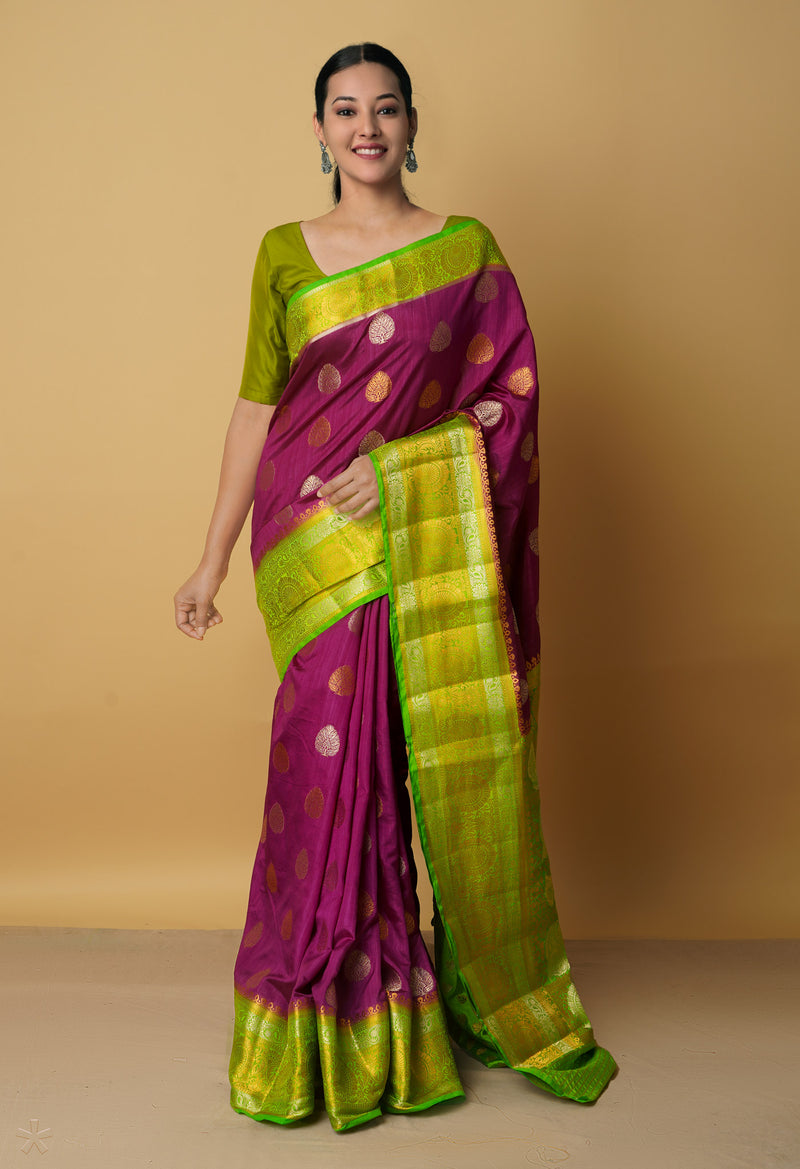 Dark Purple  Dyed Kanjivaram Silk Sare-UNM65459