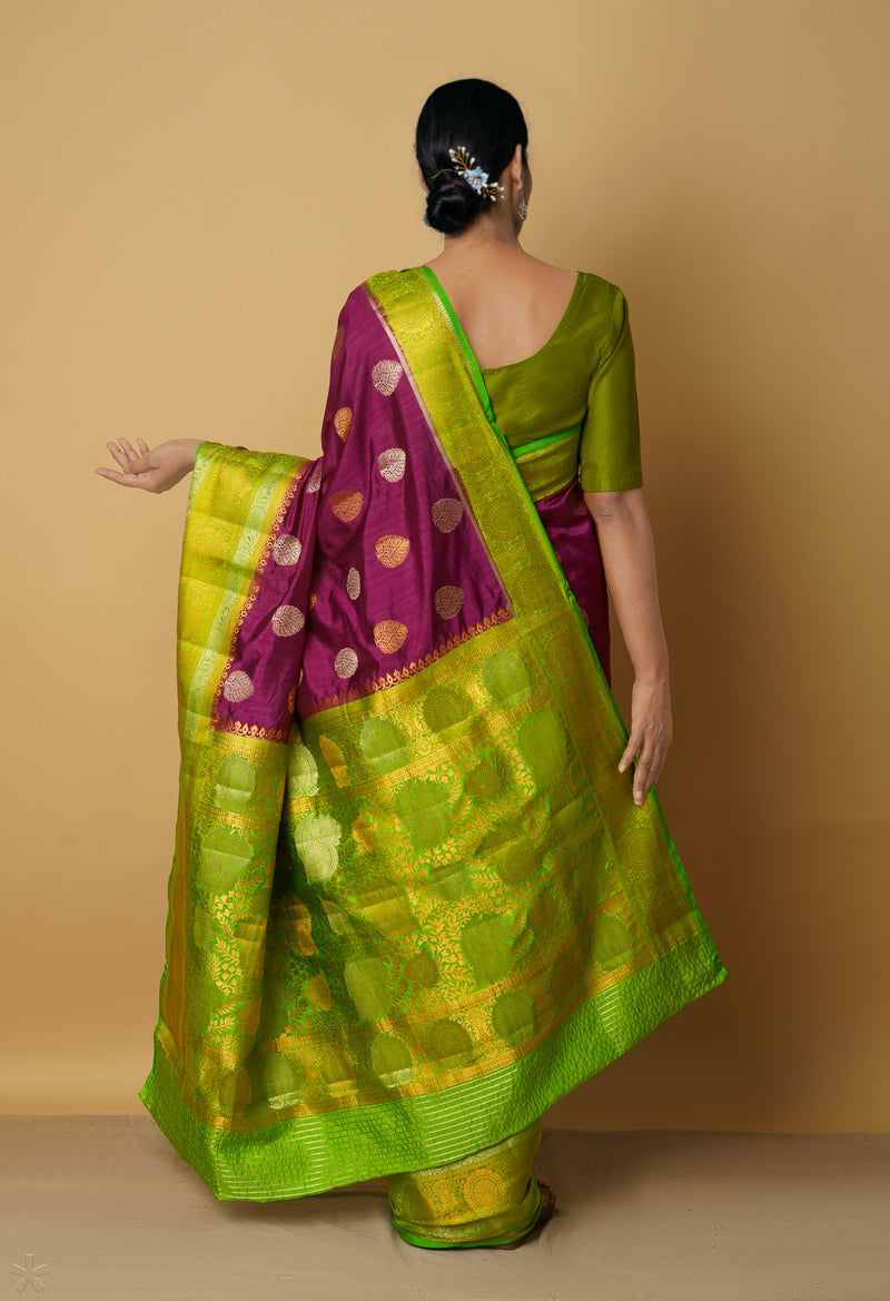 Dark Purple  Dyed Kanjivaram Silk Sare-UNM65459