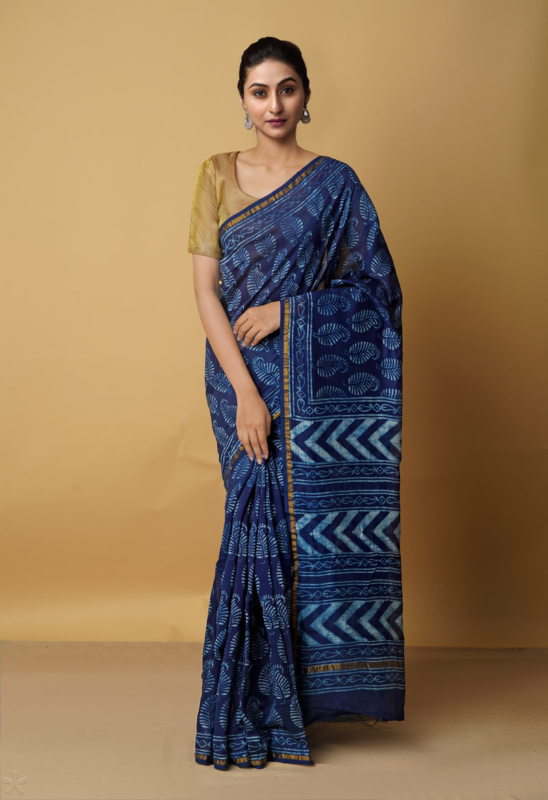 Navy Blue Pure Chanderi Cotton Saree-unm65521