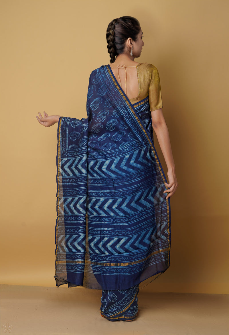 Navy Blue Pure Chanderi Cotton Saree-unm65521