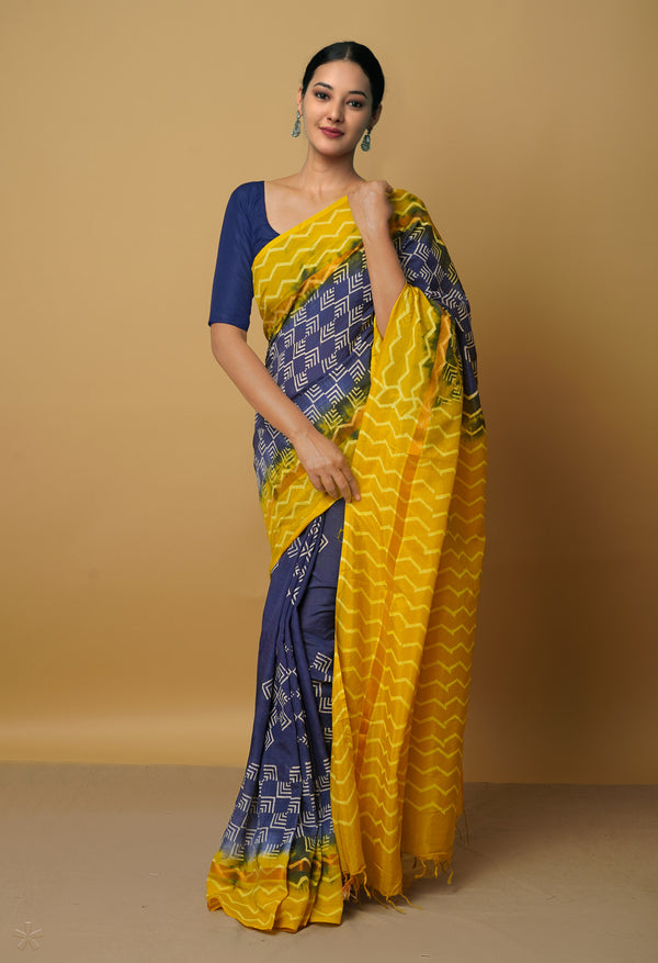 Navy Blue-Yellow  Summer Bangalore Soft Silk Saree-UNM65533
