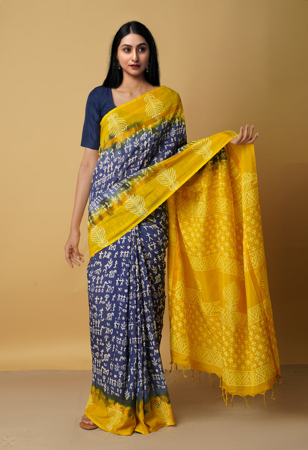 Navy Blue-Yellow  Summer Bangalore Soft Silk Saree-UNM65537