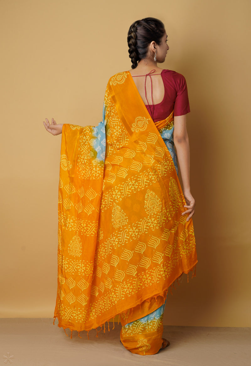 Blue-Orange  Summer Bangalore Soft Silk Saree-UNM65544