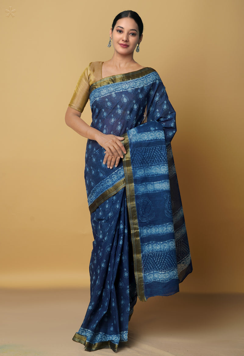 Navy Blue Pure Chanderi Cotton Saree-UNM65701