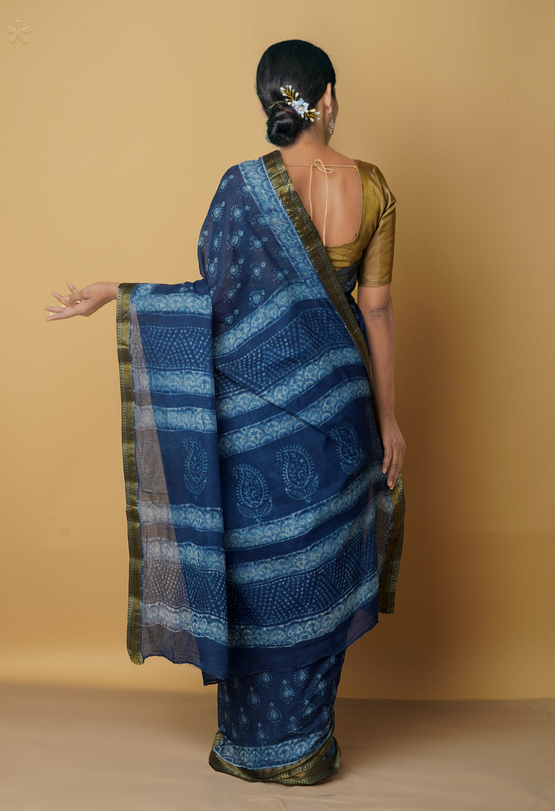Navy Blue Pure Chanderi Cotton Saree-UNM65701