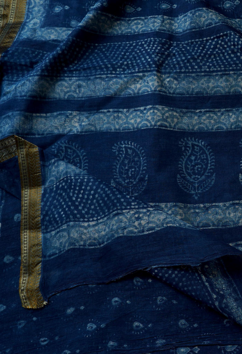Navy Blue Pure Chanderi Cotton Saree-UNM65701