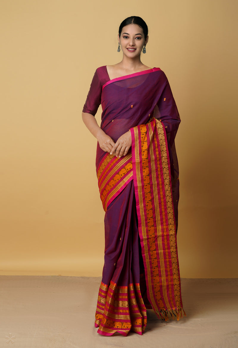 Purple Pure Handloom Pavani Chettinad Cotton Saree-UNM65725