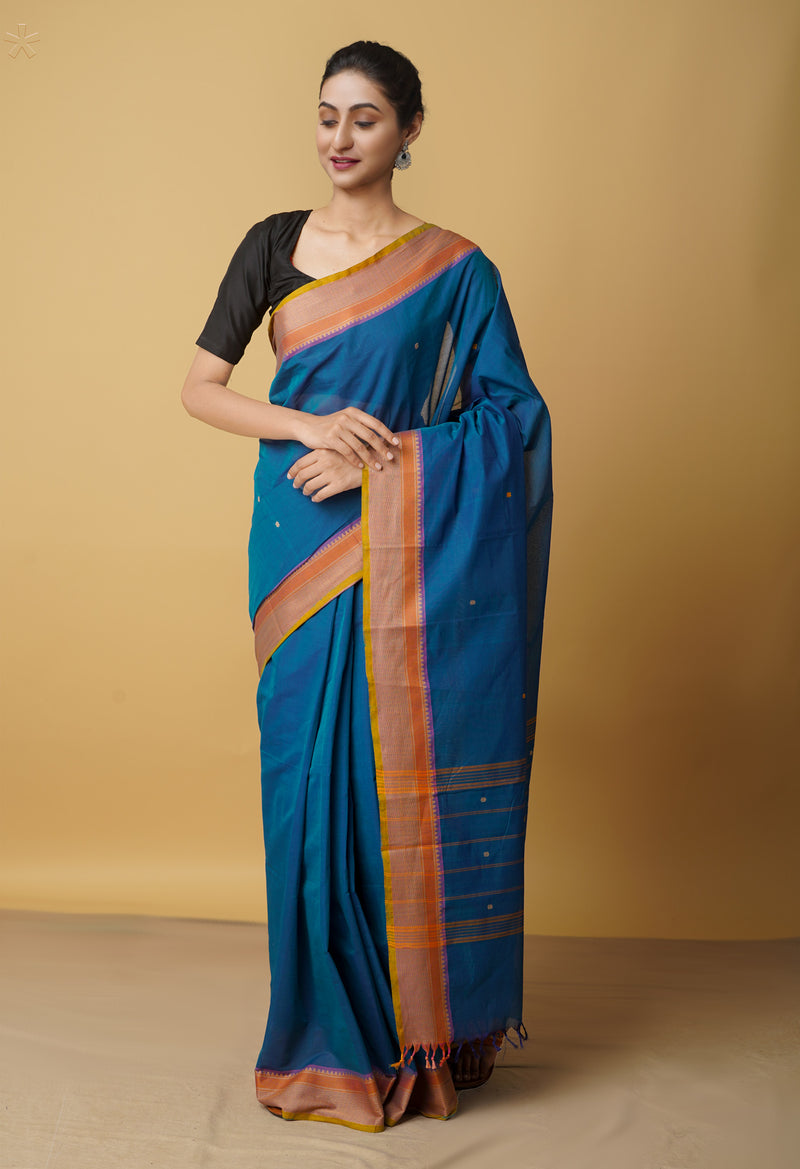 Blue Pure Handloom Pavani Chettinad Cotton Saree-UNM65770