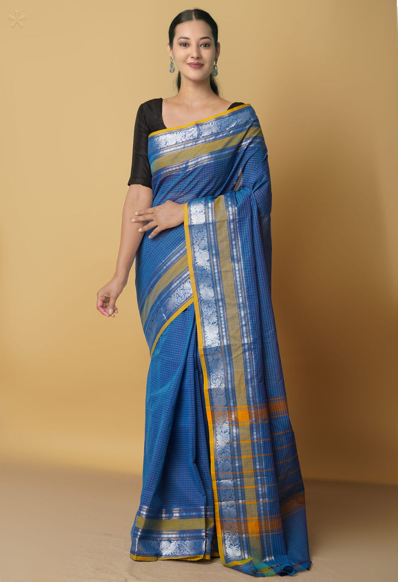 Blue Pure Handloom Pavani Chettinad Cotton Saree-UNM65787