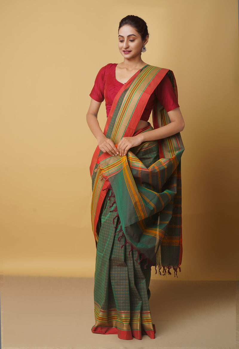 Green Pure Handloom Pavani Chettinad Cotton Saree-UNM65801