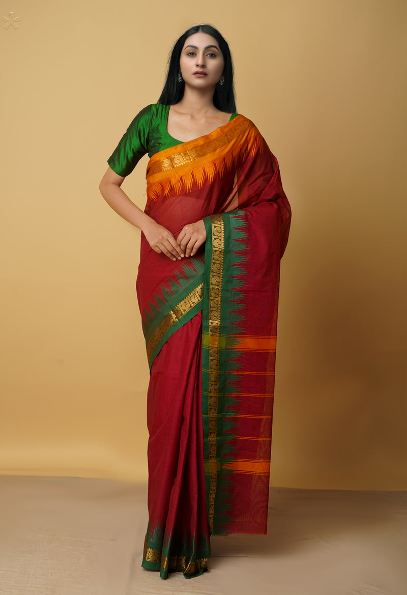 Maroon Pure Handloom Pavani Chettinad Cotton Saree-UNM65814