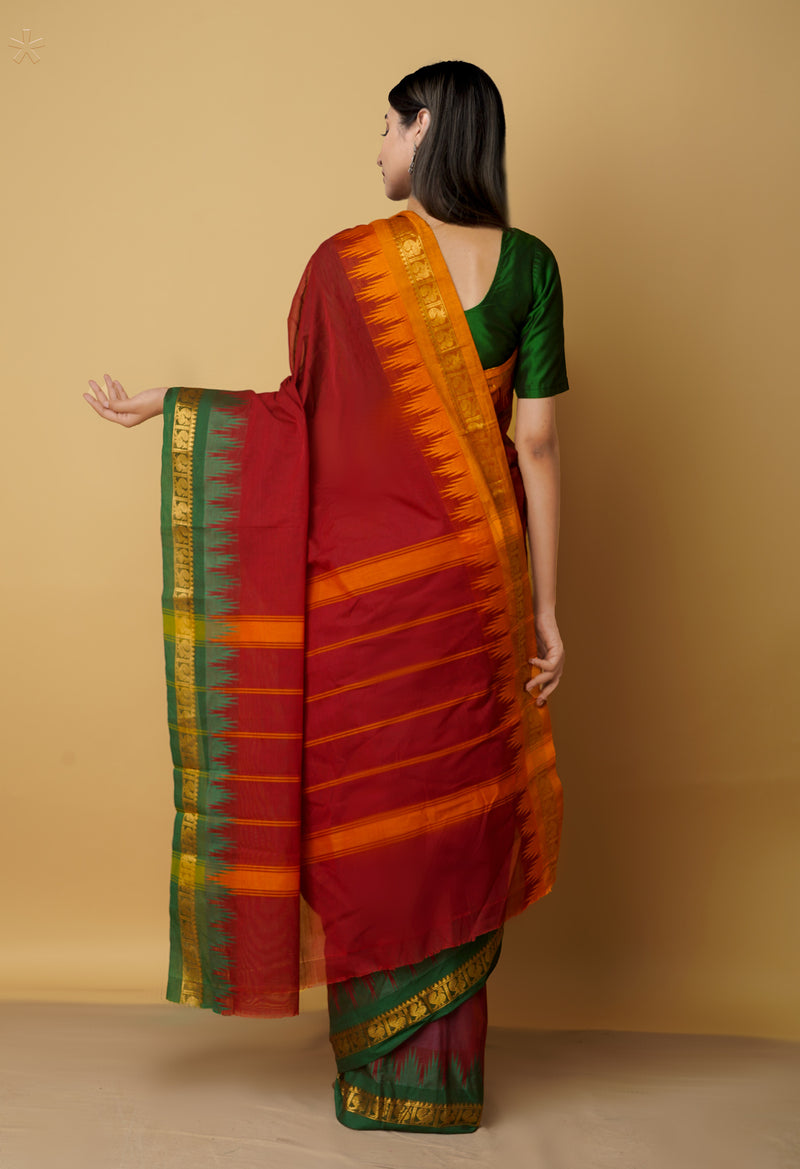 Maroon Pure Handloom Pavani Chettinad Cotton Saree-UNM65814