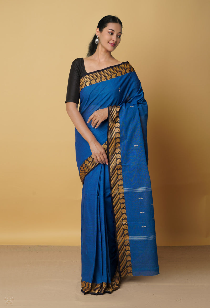 Navy Blue Pure Handloom Pavani Chettinad Cotton Saree-UNM65825