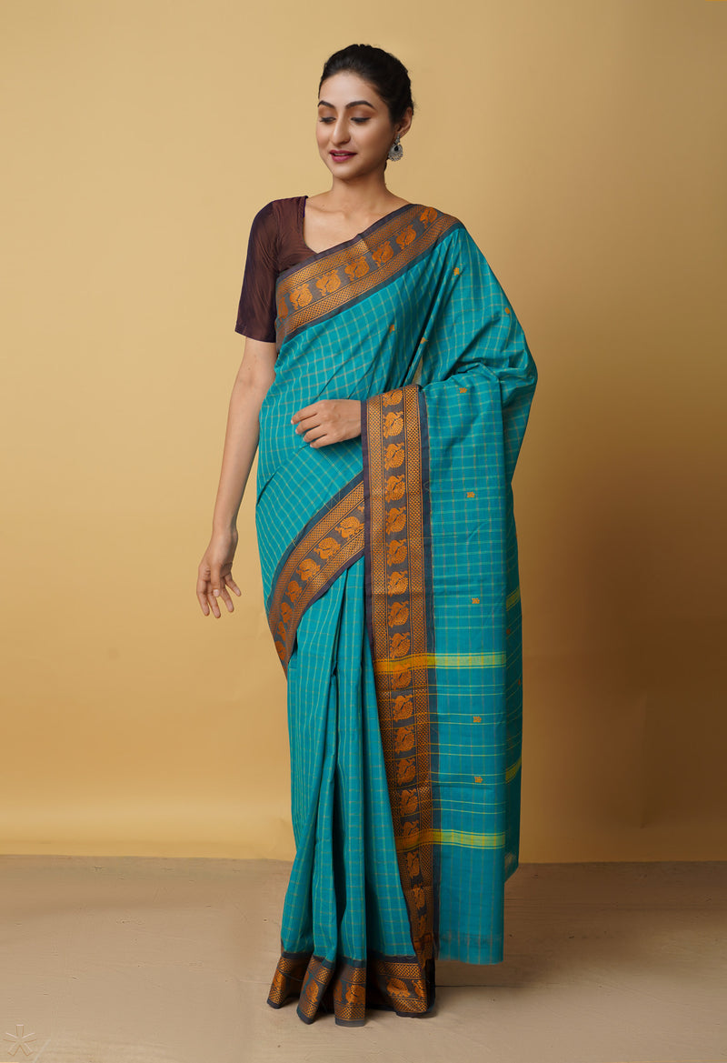 Blue Pure Handloom Pavani Chettinad Cotton Saree-UNM65828