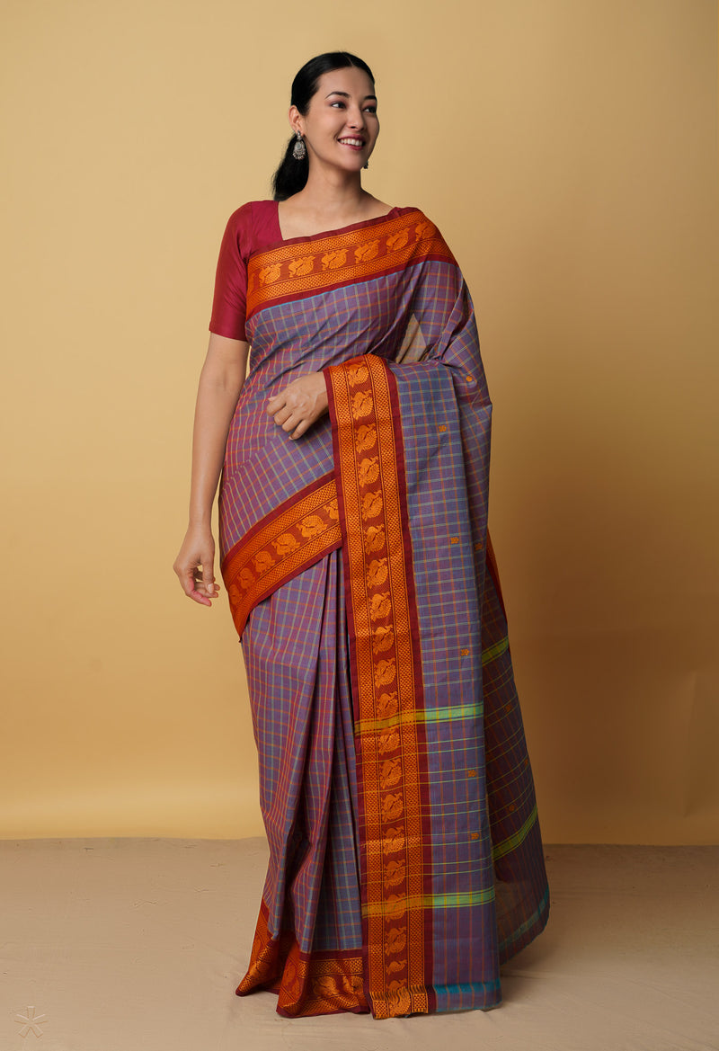 Purple Pure Handloom Pavani Chettinad Cotton Saree-UNM65833