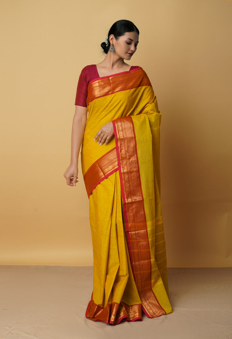 Lemon Yellow Pure Handloom Pavani Chettinad Cotton Saree-UNM65836