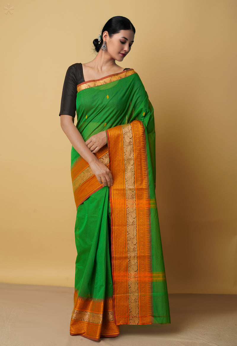 Online Shopping for Green Pure Handloom Pavani Chettinad Cotton Saree with Weaving from Tamil Nadu at Unnatisilks.com India