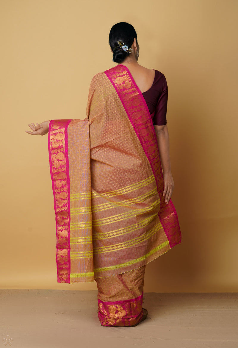 Peach Pink Pure Handloom Pavani Chettinad Cotton Saree-UNM65848