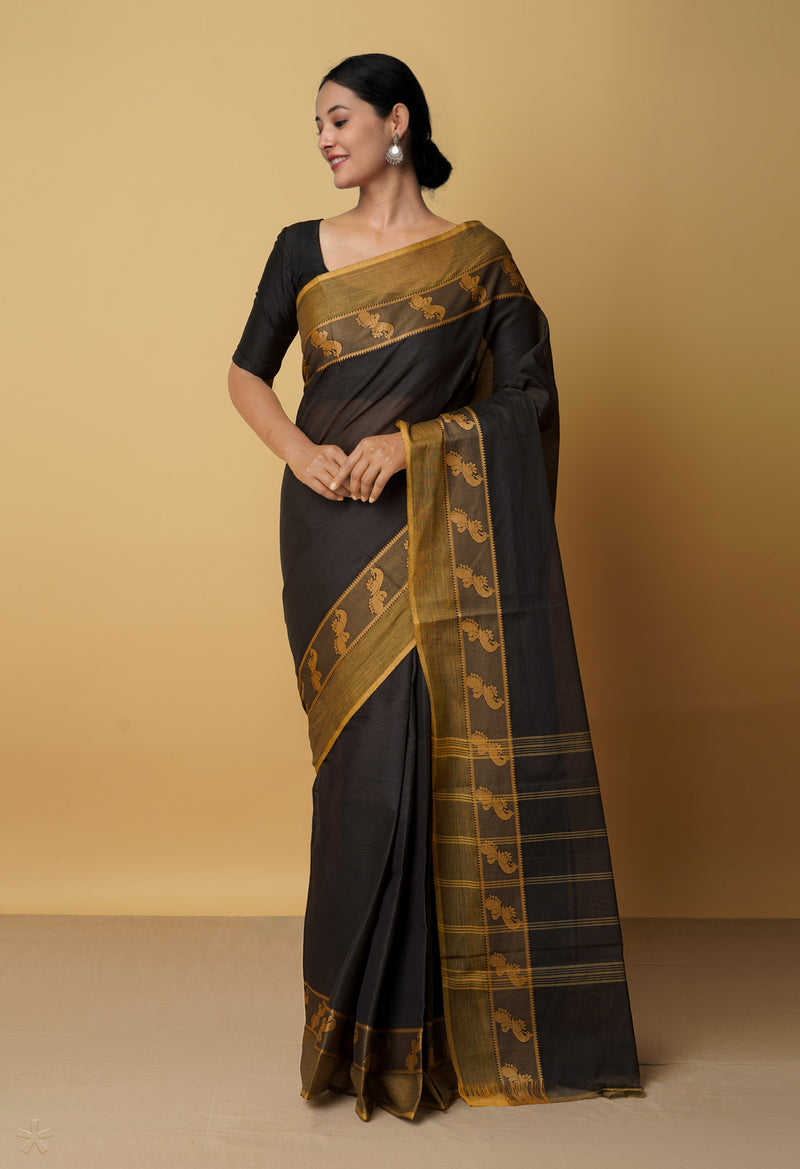 Black Pure Pavani Handcrafted Kanchi Cotton Saree-UNM65919