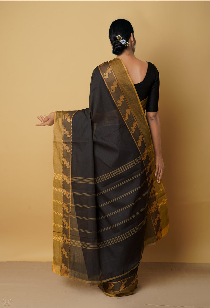 Black Pure Pavani Handcrafted Kanchi Cotton Saree-UNM65919