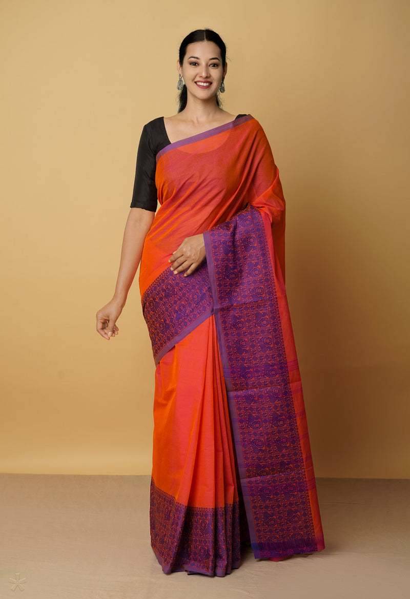 Pink-Orange Pure Pavani Handcrafted Kanchi Cotton Saree-UNM65923
