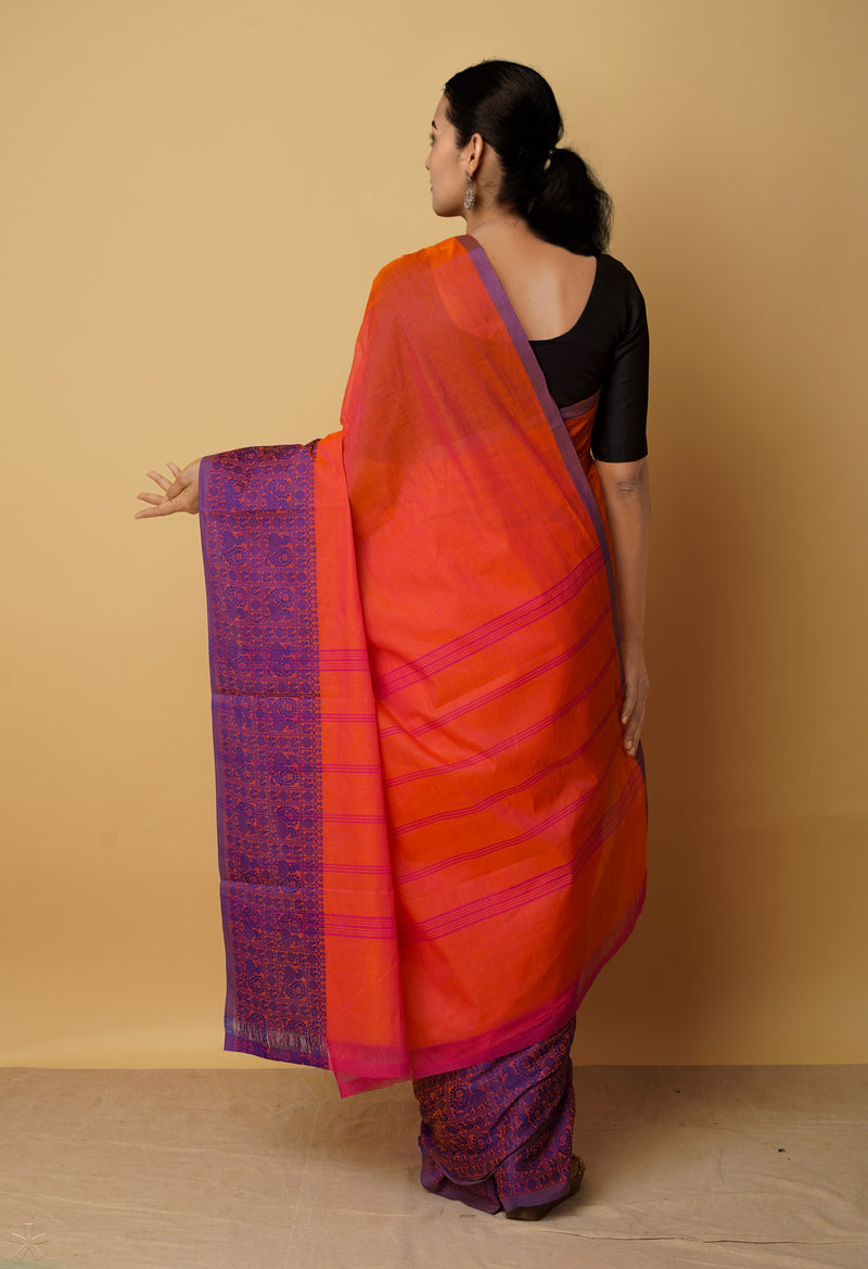 Pink-Orange Pure Pavani Handcrafted Kanchi Cotton Saree-UNM65923