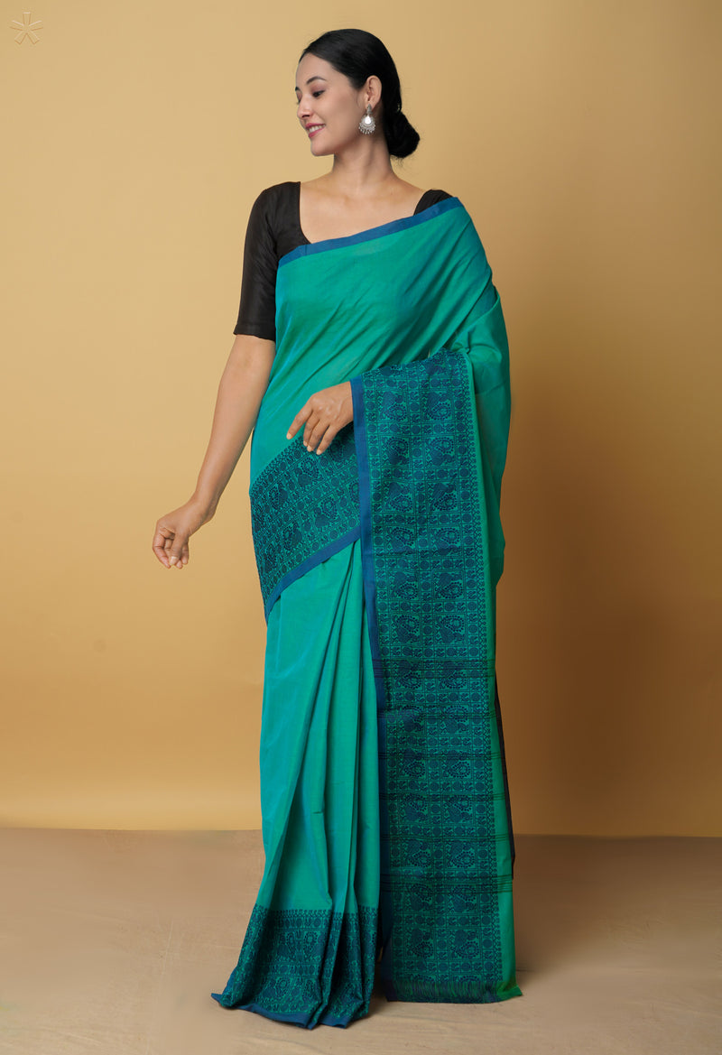 Online Shopping for Green Pure Pavani Handcrafted Kanchi Cotton Saree with Weaving from Tamil Nadu at Unnatisilks.com India