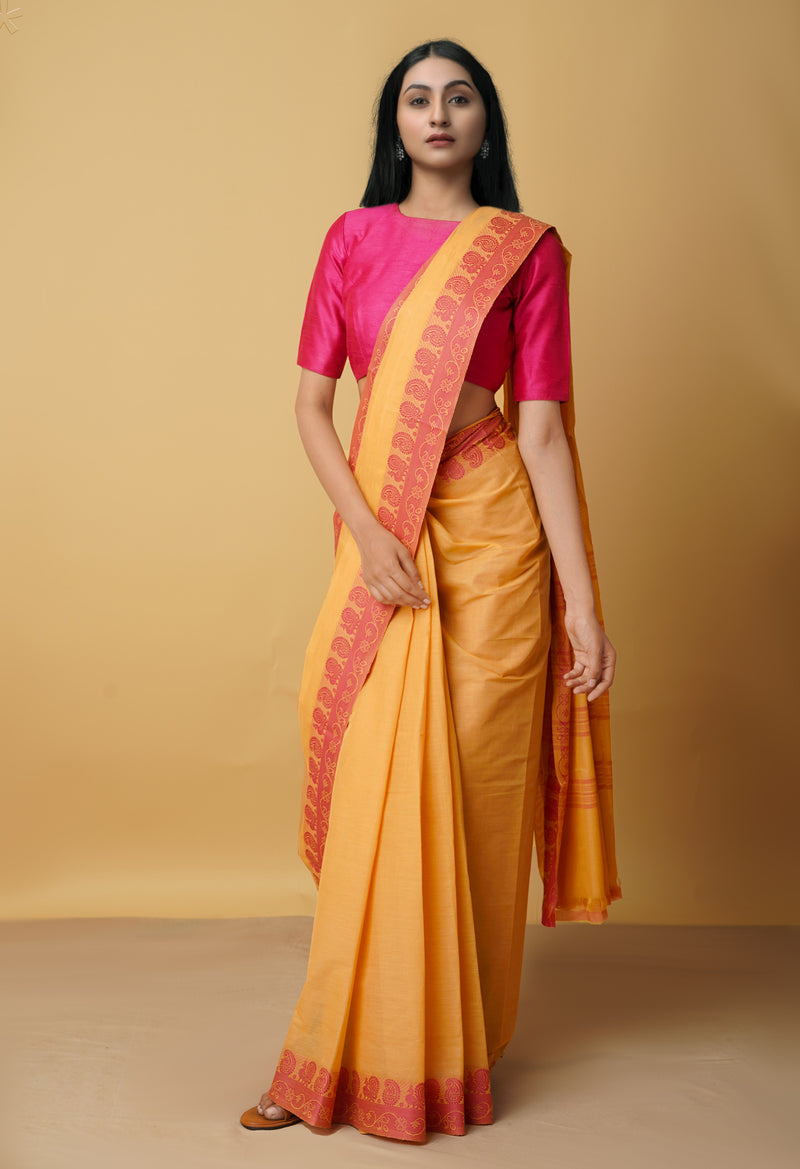 Orange Pure Pavani Handcrafted Kanchi Cotton Saree-UNM65927
