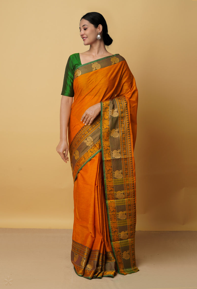Orange Pure Pavani Handcrafted Kanchi Cotton Saree-UNM65933