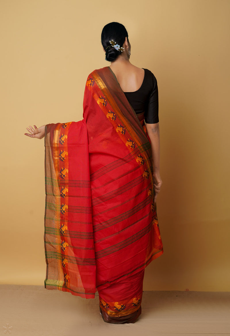 Red Pure Pavani Handcrafted Kanchi Cotton Saree-UNM65986