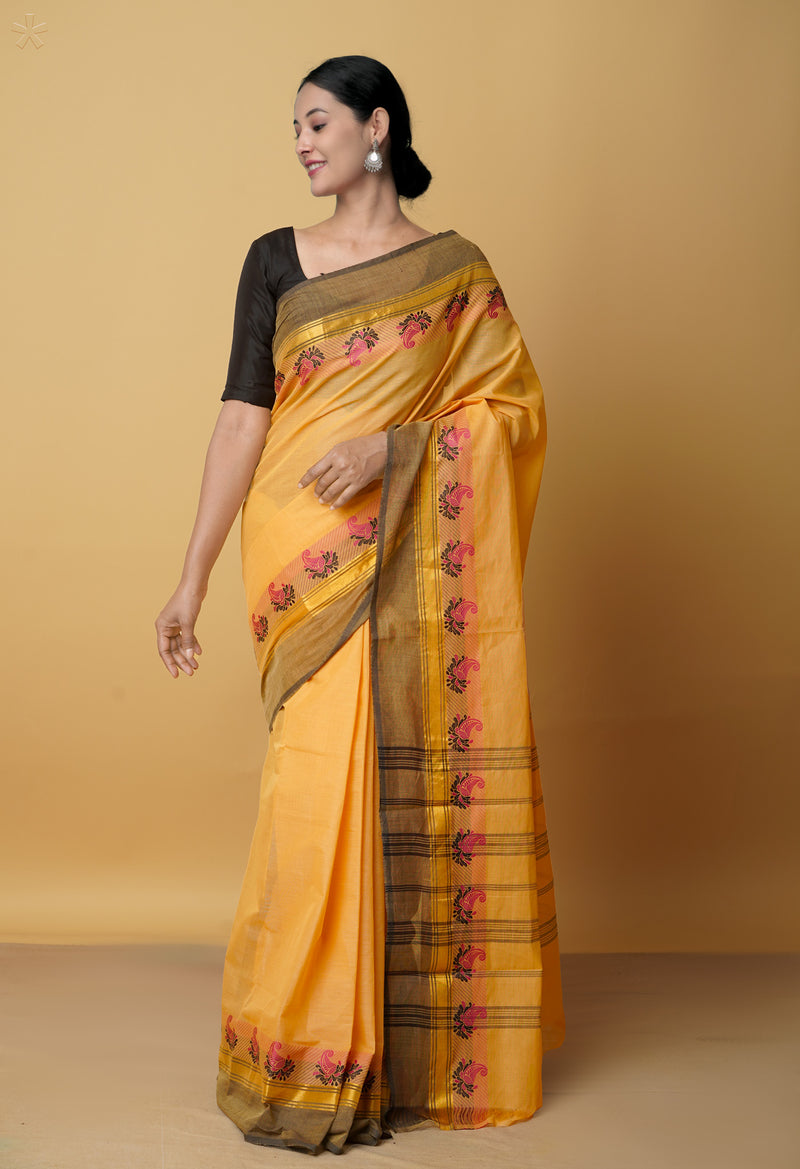 Light Orange Pure Pavani Handcrafted Kanchi Cotton Saree-UNM66000