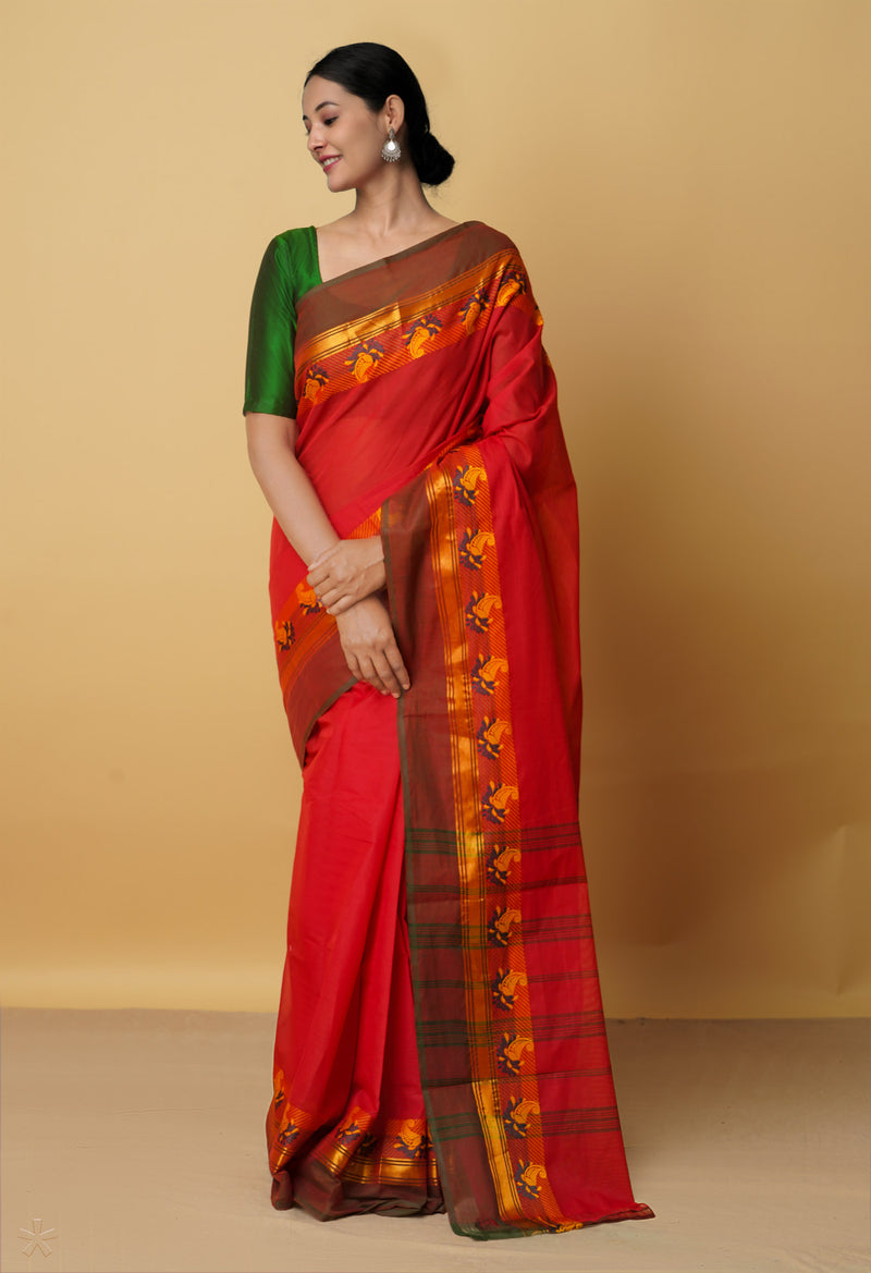 Red Pure Pavani Handcrafted Kanchi Cotton Saree-UNM66002